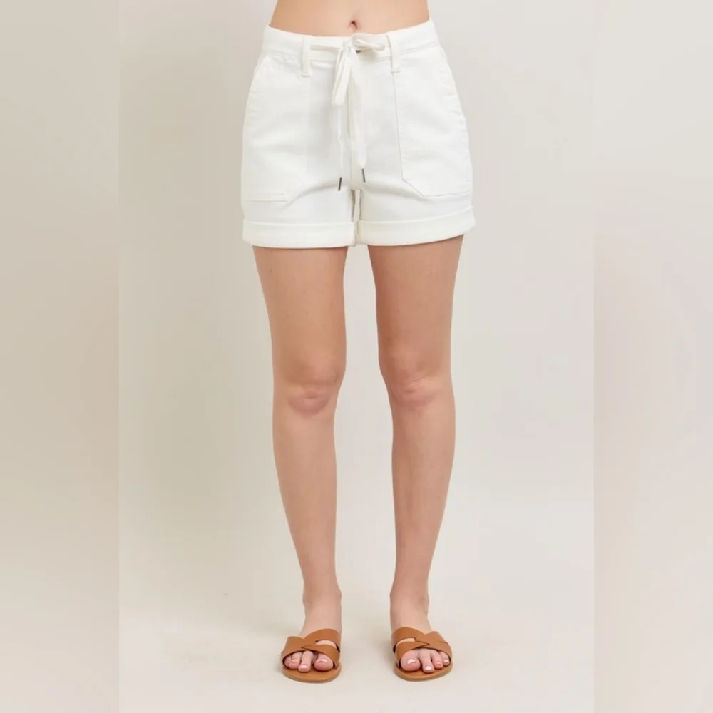 Judy Blue High Rise Jogger Denim Shorts Cuffed Tie Waist White Stretch S-3XL NEW - Picture 3 of 15